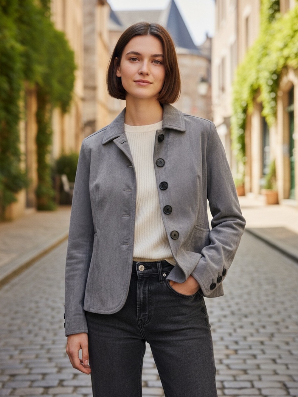 Ann Taylor Gray Button-Front Suede Leather Suit Jacket